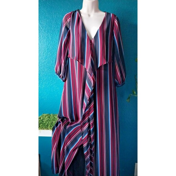 Madewell Maxi Dress Womens 8 Wraparound Black Red Blue Stripe V Neck 3/4 Sleeve - Picture 5 of 10